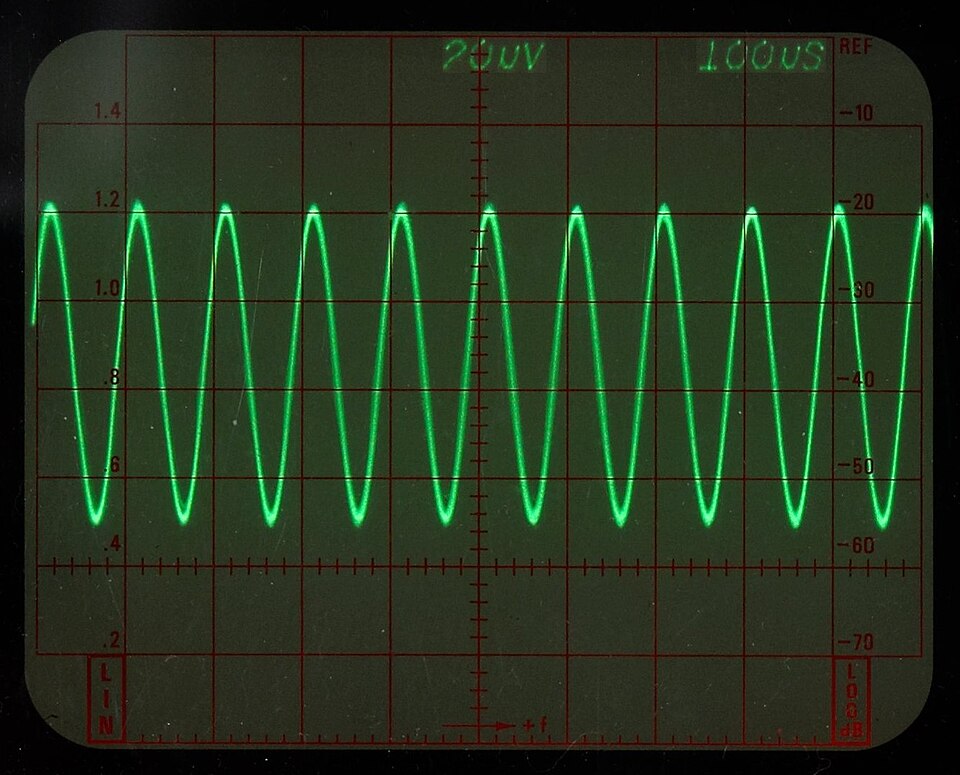 10 kHz sine wave displayed on the screen of a Tektronix 7613 analog oscilloscope, with timebase and volts/div settings visible.