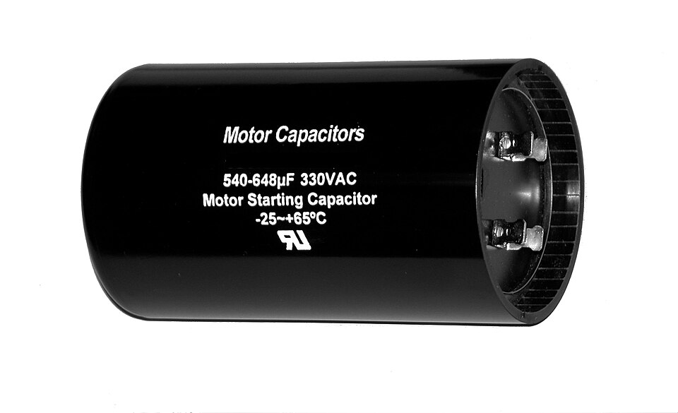 Cylindrical motor capacitor for single-phase AC motors.