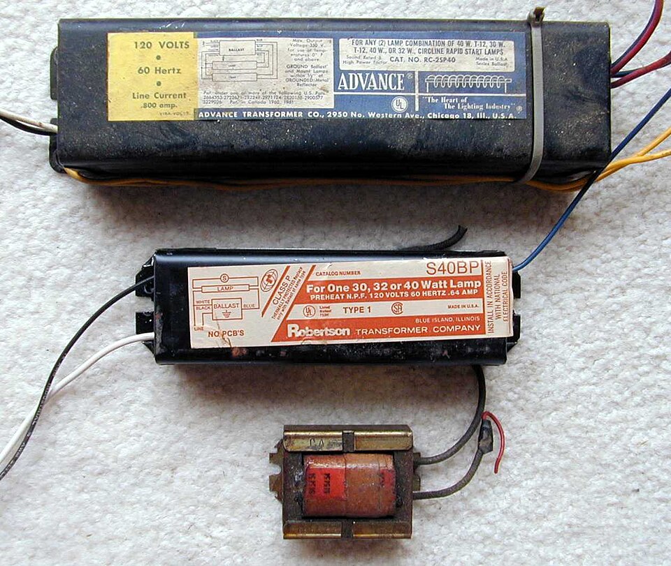 Three magnetic (inductive) ballasts for fluorescent lamps, seen from above (US types, 120 V).