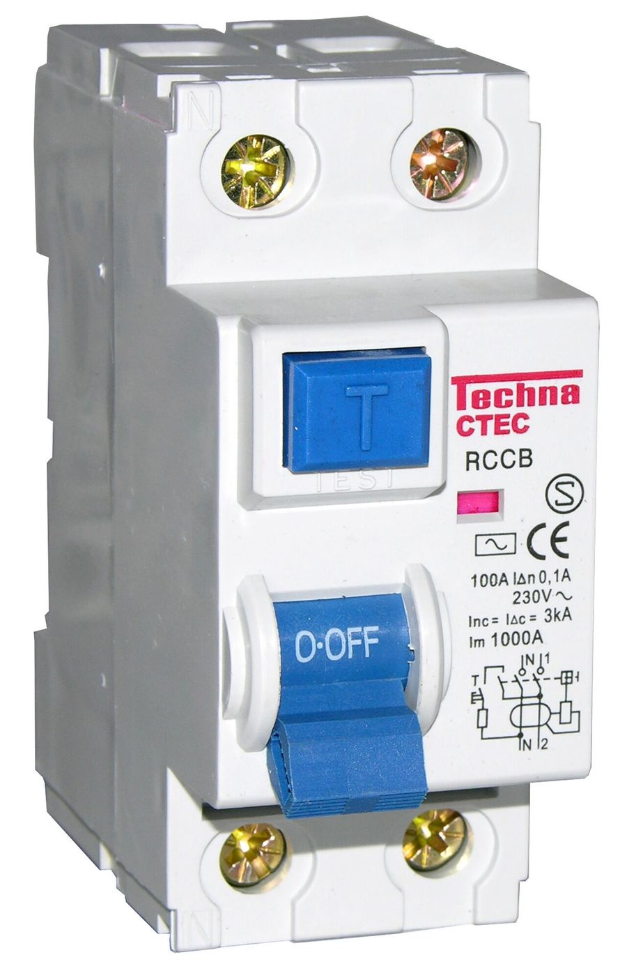 <b>Foto 11.</b> RCCB 2P, 100 A, IΔn = 100 mA (tip AC, marcaj ~), cu butonul de t